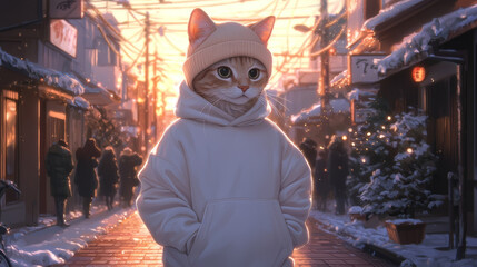 Obraz premium Cat dressed in street fashion, with a slouchy sweater, high-waisted pants, and a warm hat, walking down a cozy, warmly lit street.