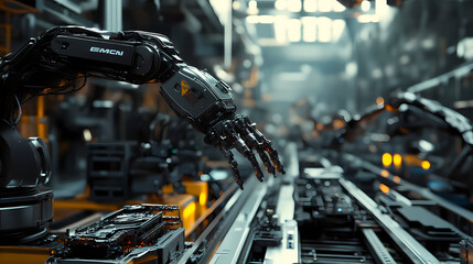 Obraz premium Industrial robot arm on factory conveyor belt. 3d rendering. Robot Factory. Illustration