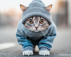 Cute and trendy cat wearing a winter beanie, oversized sweater, and stylish jeans, looking ready for a day out in the city.