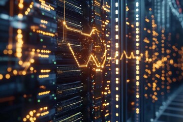Digital heartbeat illuminated by glowing data servers in a high-tech facility. Generative AI