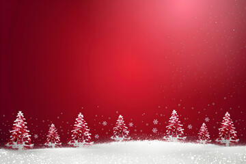 Red background with white Christmas trees at the bottom, Christmas card vector illustration