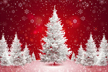Naklejka premium Red background with white Christmas trees, vector illustration