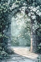 Naklejka premium Enchanting stone archway framed by lush greenery and blooming white flowers inviting serenity and natural beauty in a hidden garden pathway