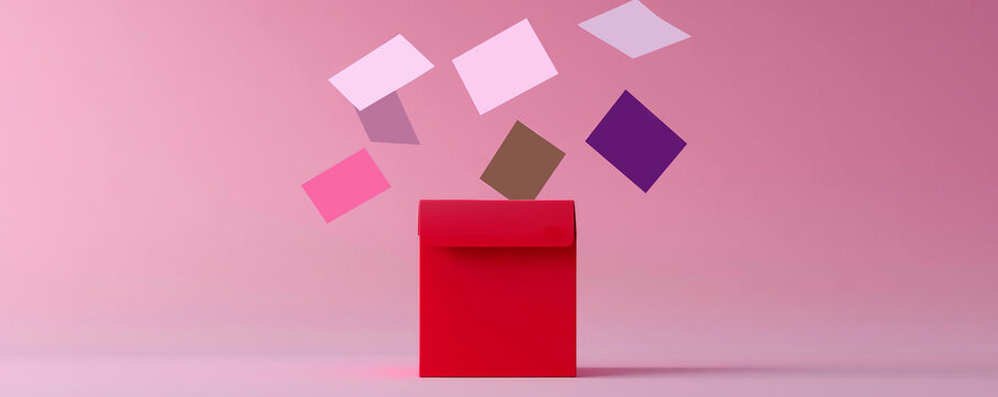 Minimalist illustration of a red voting box with various ballots hovering above, each ballot showing clear yes/no options.