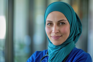 Fototapeta premium Confident Muslim nurse in hijab on isolated background.