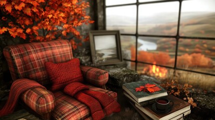 Cozy Living Room with Plaid Armchair and Fall Decor