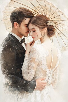 Ethereal elegance a romantic portrait of a couple embracing under an umbrella in a dreamy wedding setting