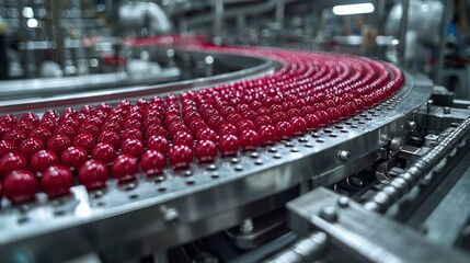 Obraz premium Red Spheres Moving on a Conveyor Belt in a Factory