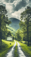 Fototapeta premium A winding dirt road leads through a lush forest towards a small house nestled in a valley, with a mountainous backdrop and a dramatic cloudy sky.