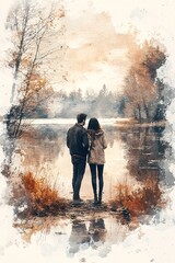 Obraz premium A serene moment by the water capturing the connection between two souls in nature's embrace