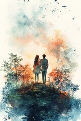 Fototapeta premium A romantic journey through a dreamy landscape two silhouetted figures stand hand in hand amidst vibrant colors and nature's beauty