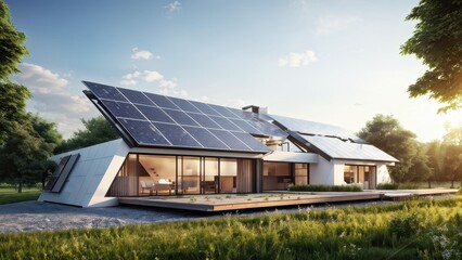 Modern eco-friendly house with solar panels in a scenic landscape.
