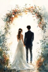 A romantic wedding scene capturing the essence of love and togetherness in a beautiful moment under floral archways