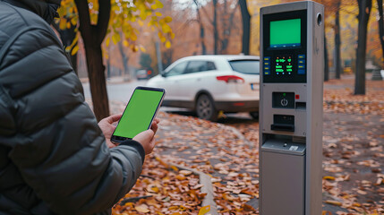 Person Holding Smartphone With Green Screen At Parking Meter In Autumn