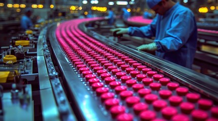 Obraz premium Pink Pills Moving on Conveyor Belt in Factory