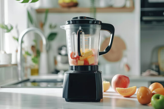 Modern black blender with fresh fruits on a bright kitchen counter, emphasizing healthy meal preparation and vibrant home decor - Powered by Adobe