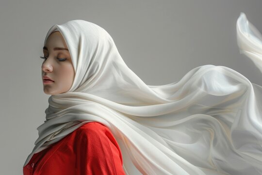 Muslim woman in traditional hijab with creative flying style.
