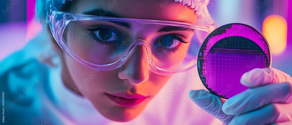 Poster woman in lab holding microchip with focused expression