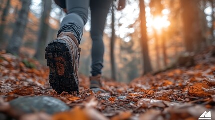 Obraz premium A person explores a tranquil forest trail blanketed in colorful autumn leaves as the sun sets, casting warm light through the trees.
