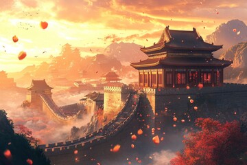 Obraz premium imagineA stunning thumbnail depicting the essence of China. Show iconic landmarks such as the Great Wall of China stretching across the mountains, with generative ai