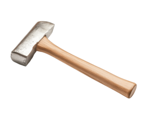 A hammer with a wooden handle and a silver head
