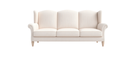 A white couch with three cushions and a wooden frame