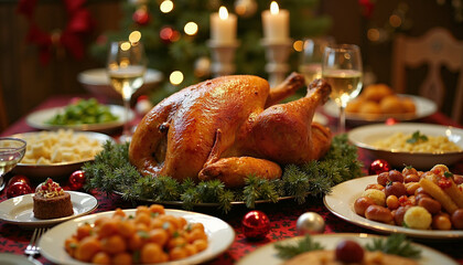 A grand Christmas feast with a golden roasted turkey at the center, surrounded by a wide array of festive side dishes. making it the perfect setting for family gatherings and holiday celebrations.
