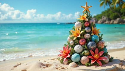 A beautiful Christmas tree is decorated with seashells and tropical flowers on the beach, offering a festive and creative take on holiday traditions. magic of a tropical Christmas celebration.
