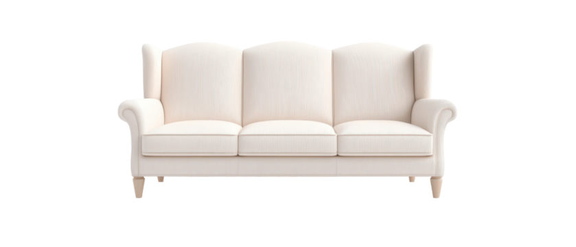 A white couch with three cushions and a wooden frame
