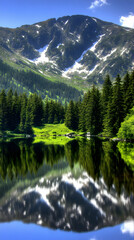 Mountain reflection in a still lake with green trees and blue sky.