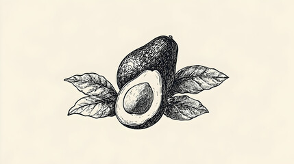 Line art illustration of a halved avocado 
