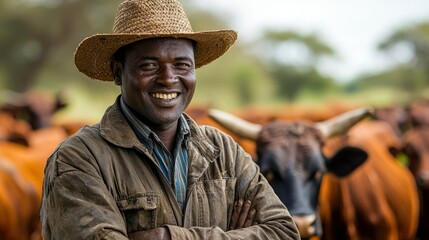 Fototapeta premium A Smiling African Farmer in a Straw Hat Stands with Cattle in a Field