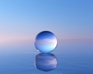 A beautiful and peaceful image of Earth inside a transparent water droplet, floating above a reflective blue surface with a soft glow.