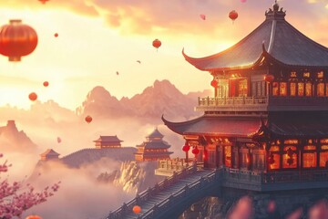 Fototapeta premium imagineA stunning thumbnail depicting the essence of China. Show iconic landmarks such as the Great Wall of China stretching across the mountains, with generative ai