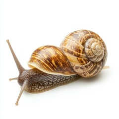 A close-up of a snail showcasing its spiral shell and elongated body, highlighting its intricate patterns and textures against a plain background.
