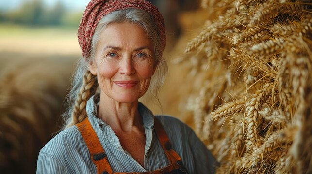 A Woman in a Red Bandana Leans Against a Wall of Wheat Stalks