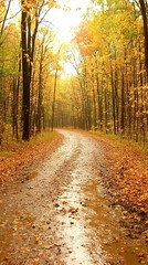Obraz premium Winding forest path with fallen leaves and sunlight.