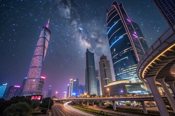 Obraz premium Futuristic Neon Cityscape at Night - Architectural Marvels and Illuminated Skyscrapers