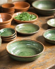 Rustic kitchen with ceramic dishes and fresh herbs in natural lighting for a warm and inviting atmosphere