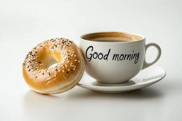 a cup of coffee and a bagel with the inscription "Good morning" on a white background