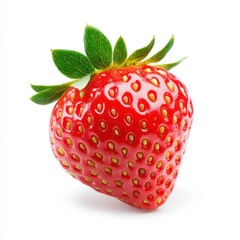 A fresh, vibrant strawberry with a bright red color and green leaves atop, showcasing its heart-like shape and juicy texture.