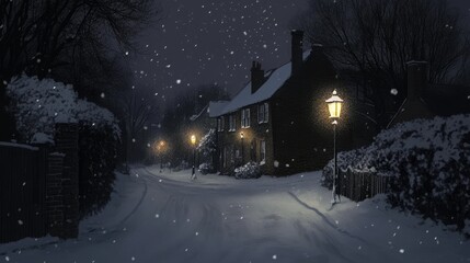 A serene winter night scene with snow, street lamps, and cozy houses.