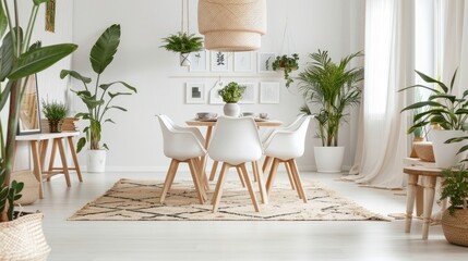 Plants and rug in dining room with white chairs and table under lamp. Photo of a real interior