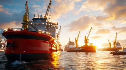 Fototapeta premium Offshore marine transport vessels in sunset surrounding oil extraction operations