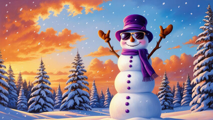 Obraz premium Cheerful snowman with sunglasses in a snowy landscape at sunset.