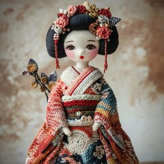 Nice cute japanese crocheted doll girl nation dress ethnic art decor toy handmade craft 