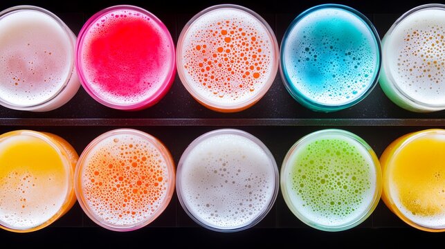 Detailed shot of frothy beer heads in different colors, illuminated by warm bar lighting, creating a welcoming atmosphere.