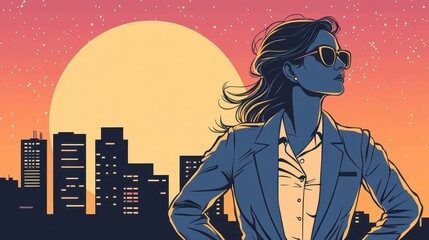Businesswoman in blazer, hands on hips, city skyline at dusk, power women, resilience and vision