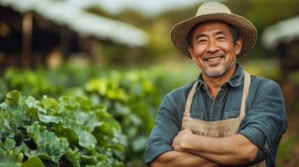 Fototapeta premium Smiling Farmer Standing in a Field of Green Plants