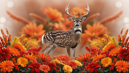 Deer standing among vibrant flowers, colorful and lively scene.